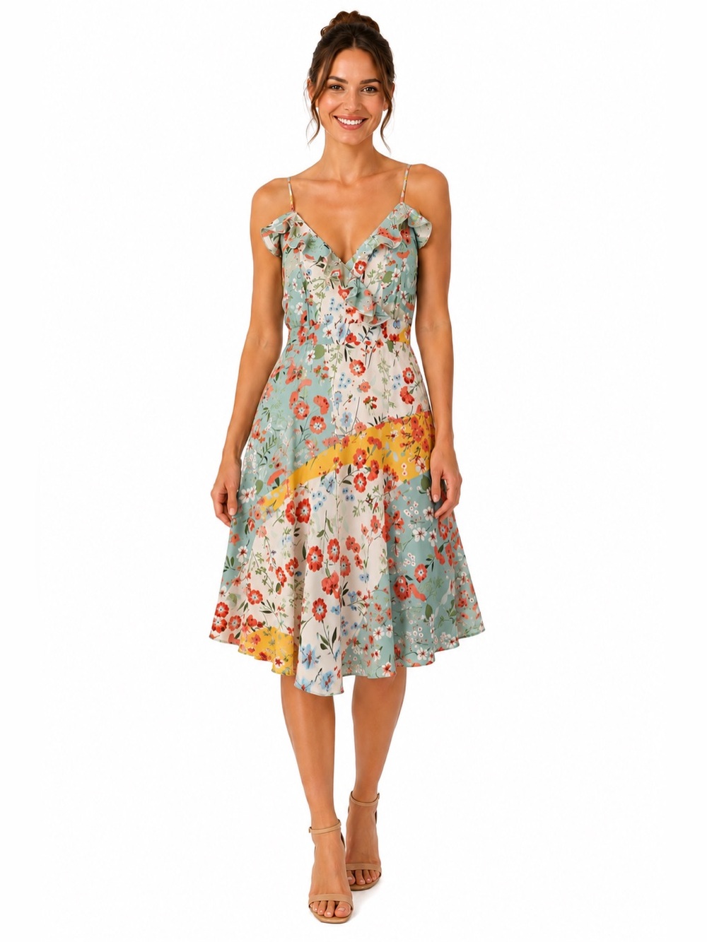 QED London Mint Floral Asymmetrical Midi Dress with Yellow Accent